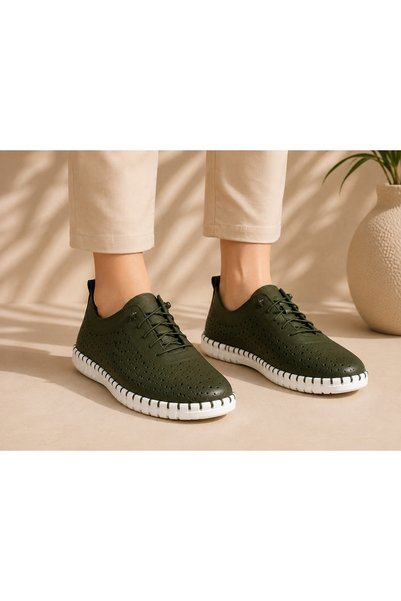 MELİS'E Khaki Leather Large Size Shoes Orthopedic Daily from 36 to 44 Size