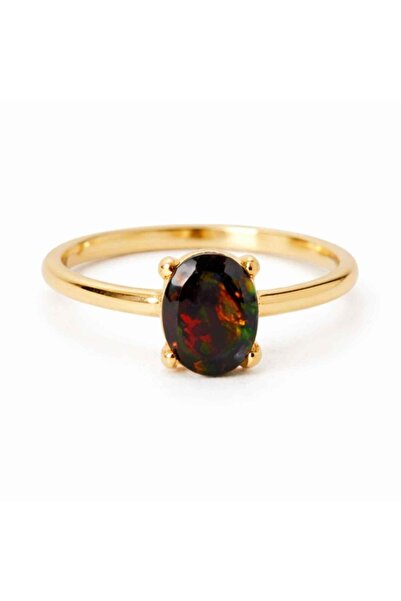 craftmystic Inel Argint 925 placat cu aur 18K cu Opal Negru Fatetat oval- o r...