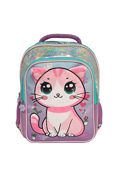 Zâna Casei Rucsac de grădiniță lila cu model de pisică cu ochi mari