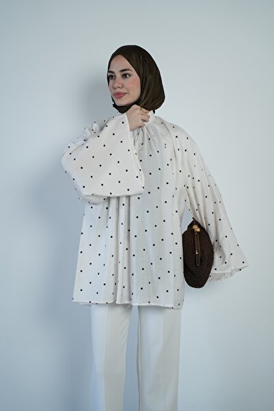 QUWİQ Women's Polka Dot Spanish Sleeve Draped Hijab Shirt