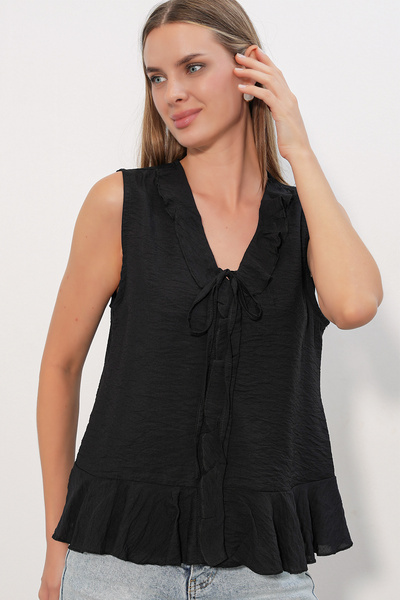 Bigdart Women's V-Neck Ruffle Shirt with Tie Detail 40033 - Black