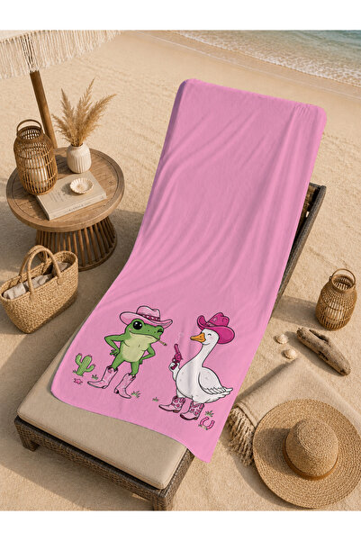 Evmila Pink Minimal Patterned 70X150 Beach Towel with Cute Frog and Goose Fig...