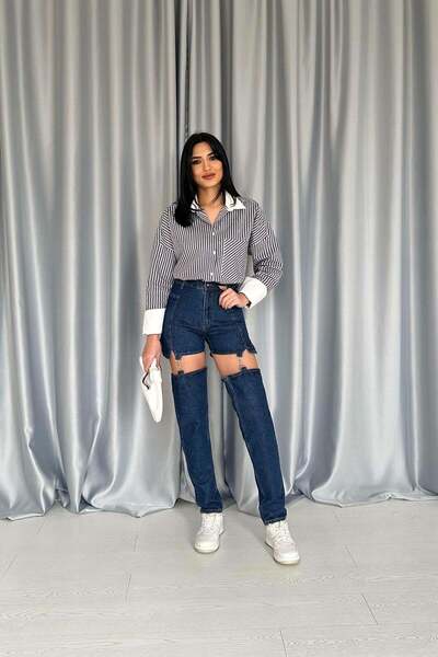 Moda Days Дамски сини дънки с висока талия, с детайли с презрамки, от две час...