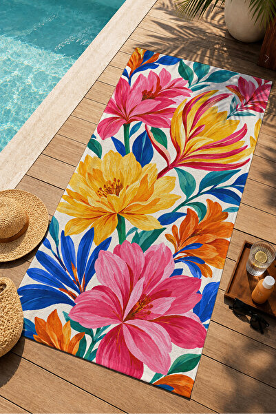 Evmila Prosop de plajă cu model tropical colorat cu frunze și flori mari, 70x...