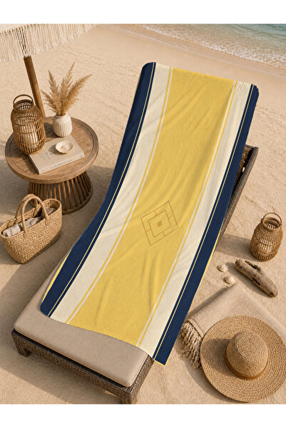 Evmila Modern Yellow Navy Blue Minimal Curved Stripe Patterned 70X150 Beach T...