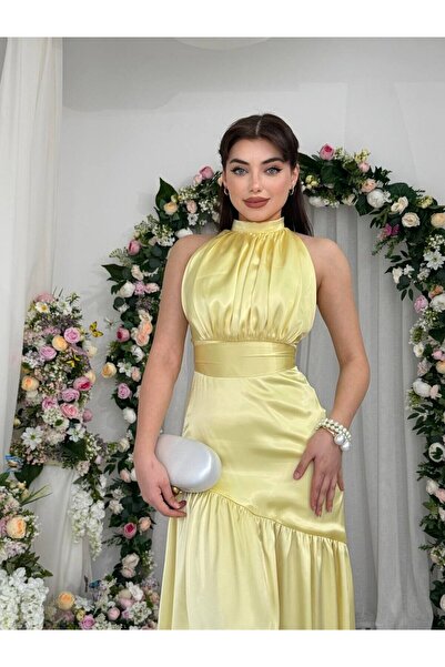 Moda Days Women's Sari Satin Halter Neckline Gathered Belt Detailed Long Even...