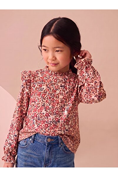 Tinymuyt Girl's Crinkle Shoulder Ruffle Detailed Floral Patterned Long Sleeve...