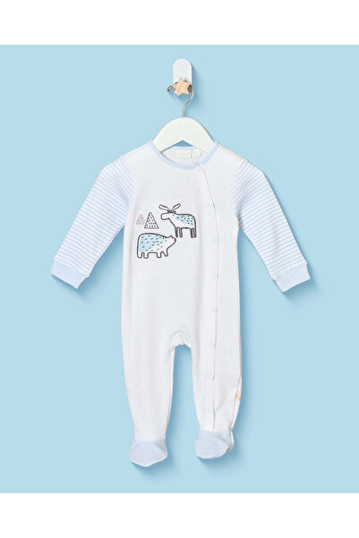 REDTAG Baby Boys White and Blue Printed Sleepsuit