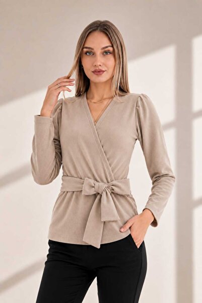 DEVRİMAY TEKSTİL Stone Color Double Breasted Collar Long Sleeve Belted Lycra ...