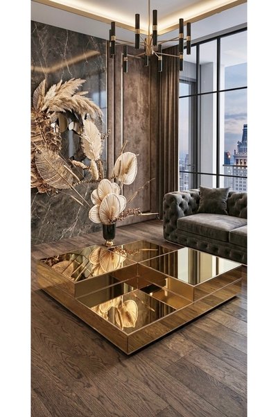 LUXURY VİLLA LUXURY KOMPLE GOLD AYNALI TEKERLEKLİ DEKORATİF ORTA SEHPA 90x90 ...