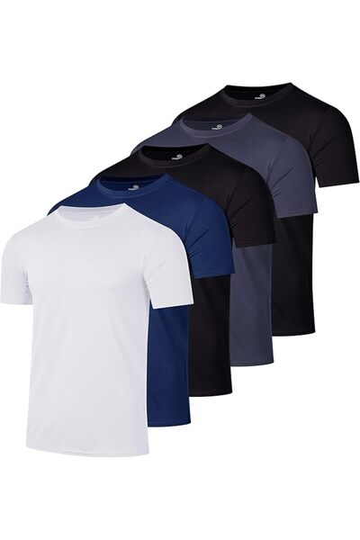 Real Essentials 5 Pack: Men’s Short Sleeve Dry Fit Active Crew Neck T Shirt -...