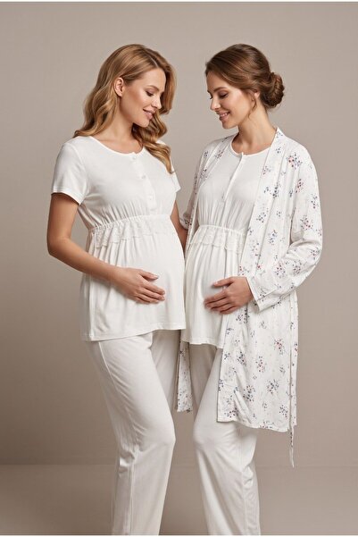 LOHOUSE Women's Ecru Floral Patterned Lace Maternity Pajama Set with Dressing...