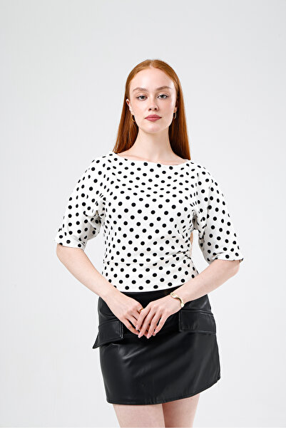 Madame QAN's Polka Dot Waist-Fitted Short Sleeve Premium Blouse