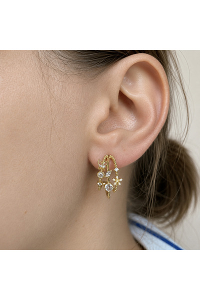 nerora Küçük Motifli Üç Şeritli Gold Rodyum Küpe