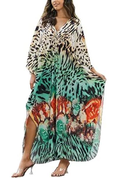 GENERAL Women Bohemian Kaftan Maxi Loungewear Nightgown Kimono Oversized Slee...