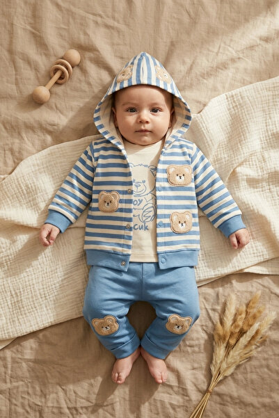 AGUCUK Milo Bear Striped Hooded Cardigan, Teddy Bear Embroidered Pants and Sw...