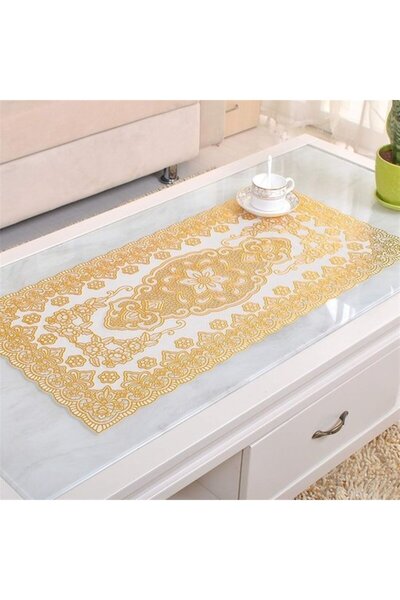 Morvena Picks Fata de masa din dantela lucrata manual, PVC oval auriu, plasti...