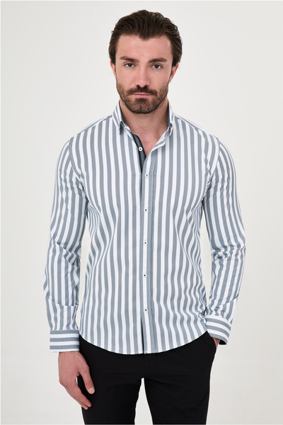 Mcr Striped Slim Fit Long Sleeve Men's Shirt Black - 27153.26Y