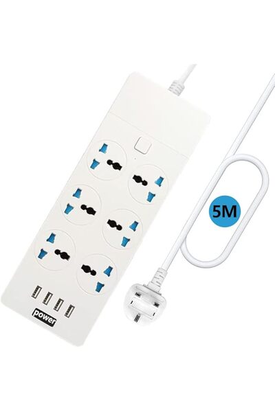 GENERAL UK Extension Lead with 4 (3.1A) USB Slots, 5 Meter 6 Gang Electrical ...