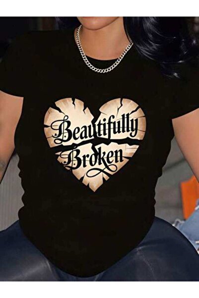 23ERVA Beautifully Broken, Women's Heart Design With Text, Pure Cotton T-Shir...