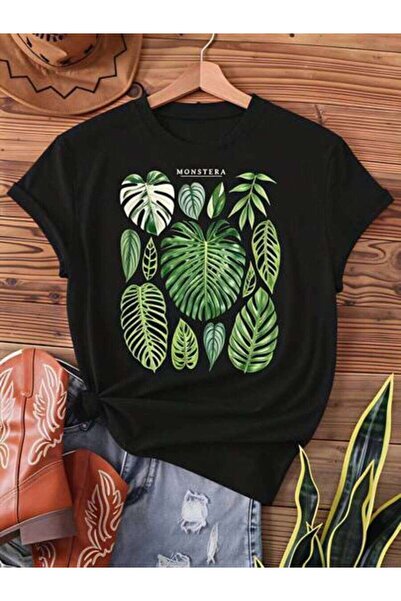 NOURAM Tropical Plant, Women's Monstera Leaves Design, Pure Cotton T-Shirt, S...