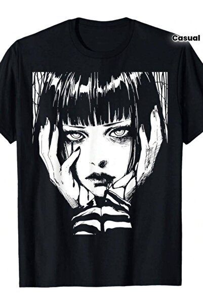 2BIR EWH Gothic Graphic T-Shirt - Black Cotton Crew Neck With White Japanese-...