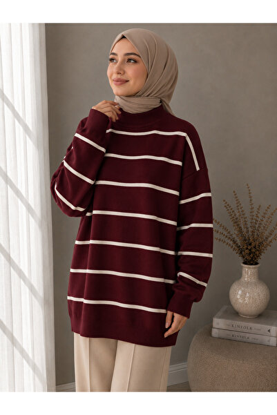 DepoExport Women's Half-Throat Striped Knitwear Sweater Oversize Loose Design