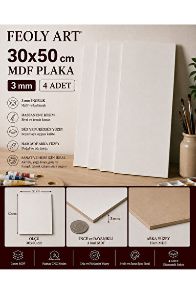 Feoly Art MDF - 30x50cm Beyaz Lam MDF Plaka | 3mm / 4 Adet | Ahşap Boyama, Ma...