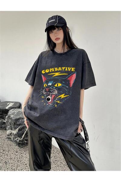DEEFWEAR Mingalondon Washable Combative Cat Printed Unisex Oversize Vintage T...