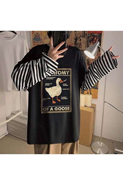 DEEFWEAR Duck Anatomy Printed Fake Sleeves Unisex Black T-Shirt