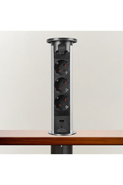 Alista Home Ανασυρόμενη πρίζα με μοτέρ, 3 πρίζες Schuko, 2x USB, 16Α, ασημί