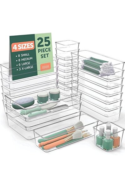UANDME 25 PCS Clear Plastic Drawer Organizers Set, 4 Sizes Desk Drawer Divide...