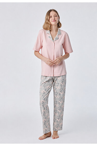 Gömlek Yaka Pamuklu Kumaş Çiçek Desenli Pijama Takımı