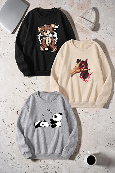 trendypassion Unisex Mixed Printed Crew Neck Sweatshirt Set – Pack of 3