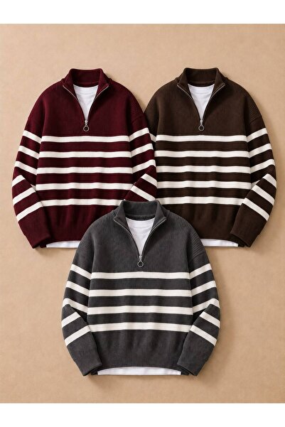 threeoff Men's 3-Piece Set Half-Zipper Striped Knitwear Sweater Oversize Model