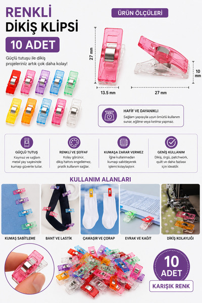 LİVA CRAFT Art & Craft Kumaş Klipsi Küçük Boy 10'lu, Kumaş Sabitleme Mandalı, Patchwork Klipsi
