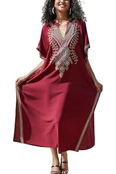 YouKD Embroidered Floral Kaftan Bohemian Beach Dress Bikini Coverups Long Bat...