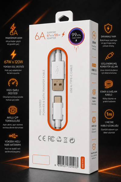 Genel Markalar 6A USB-A to Type-C Hızlı Şarj ve Data Kablosu 1 Metre 67W 120W...