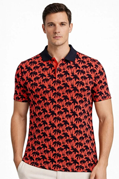Generic Brand Men's Pique Fabric Polo Collar Palm Patterned T-Shirt Short Sle...
