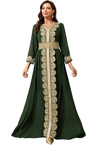 Abaowedding Elegant Long Sleeve Maxi Dress, Light Blue with Gold Embroidery, ...