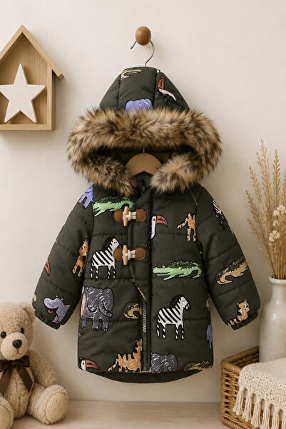 DeKuBaby Winter Children's Coat with Cute Animal Figures, Fur Lining, and Hood.