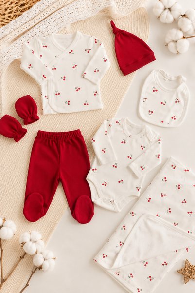 VERONA TARZ Baby Girl Cherry Patterned 7-Piece Hospital Discharge Set Cotton Organic Newborn Outfit Gift