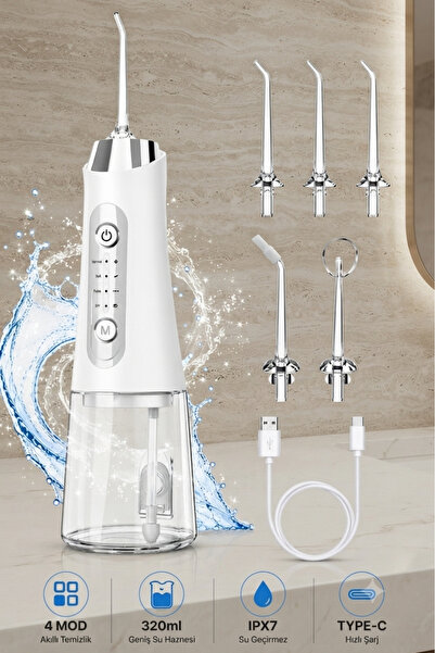VANCKEY Şarjlı Ağız Duşu – 320 ml Su Haznesi, 4 Mod, 5 Uçlu Akıllı Oral İrrig...