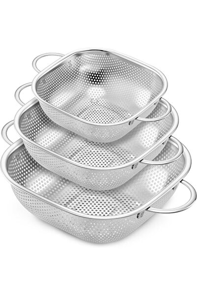 GENERAL E-far 3 Pack Colander for Kitchen, Square Stainless Steel Metal Strai...