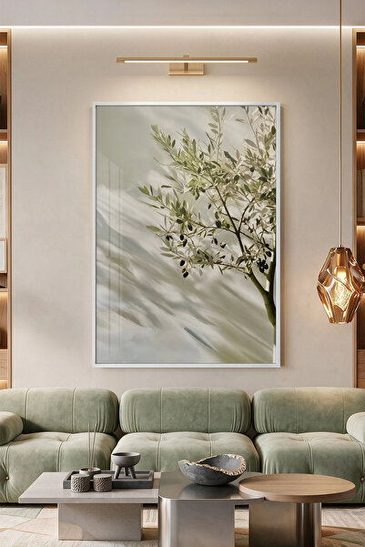KOLAJTASARIM Single White Metal Framed Glass Real Print Painting — Green Oliv...