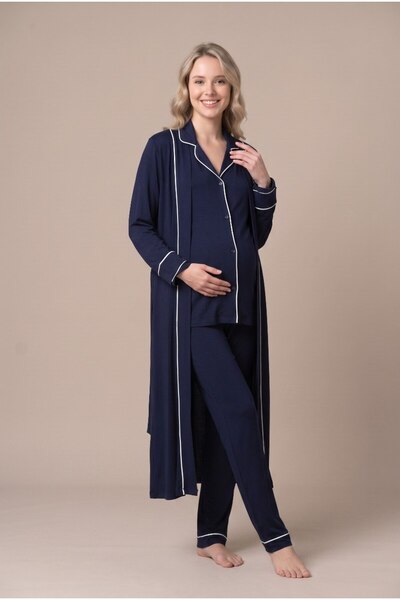 Pelin Women's Navy Blue Ribbed Buttoned Maternity Pajama Set with Dressing Gown