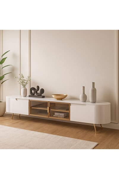 Baytonia Dora Wooden and Steel Leg Tv Stand - White