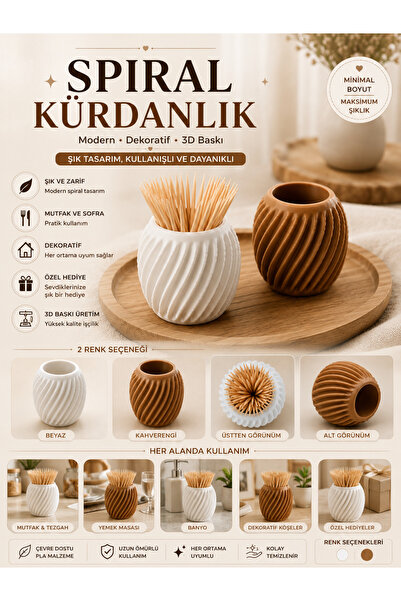 Spiral Tasarım Dekoratif Kürdanlık – Beyaz & Kahverengi – Modern Masa Üstü Kürdan Tutucu