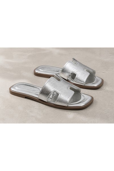 Platana Women's Silver Metallic H-Strapped Flat Sole Comfortable Daily Summer Slippers