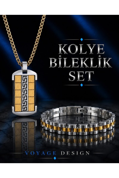 voyageaccessory Stainless Steel Gold Silver Color Men's Necklace Bracelet Set